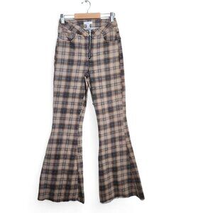 Y2K FOREVER 21 Plaid High Rise Flare Jeans 26 Stretch Raw Hem‎ Boho Hippie Pants